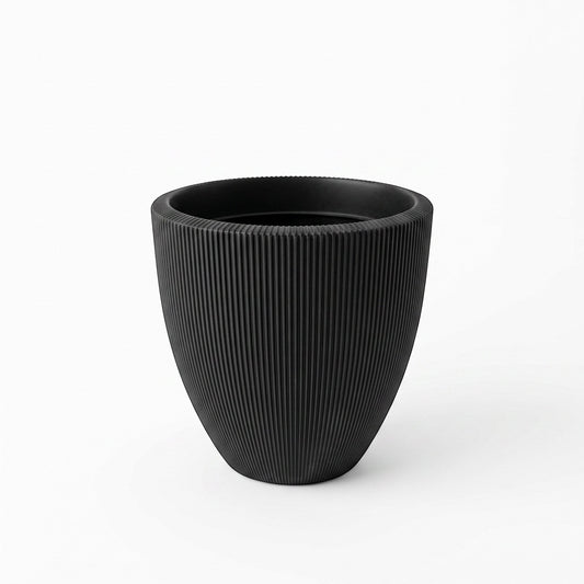 Solen Garden | Modern Lightweight Outdoor Planters BOTONIA 020 black tapered resin planter with ribbed texture
