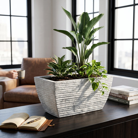 Solen Garden | Modern Lightweight Outdoor Planters KALINA 180 resin planter with a textured matte stone finish.
