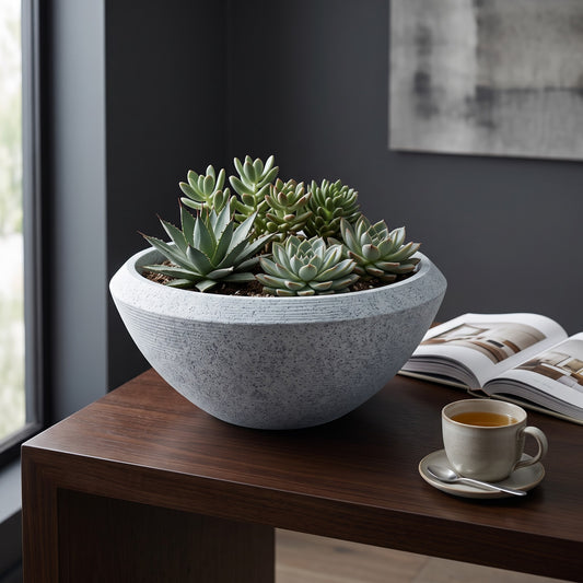 Solen Garden | Modern Lightweight Outdoor Planters TALIN 260 bowl planter with succulents on a dark wooden table