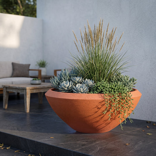 Solen Garden | Modern Lightweight Outdoor Planters TALIN 270 terracotta bowl planter with succulents on a patio